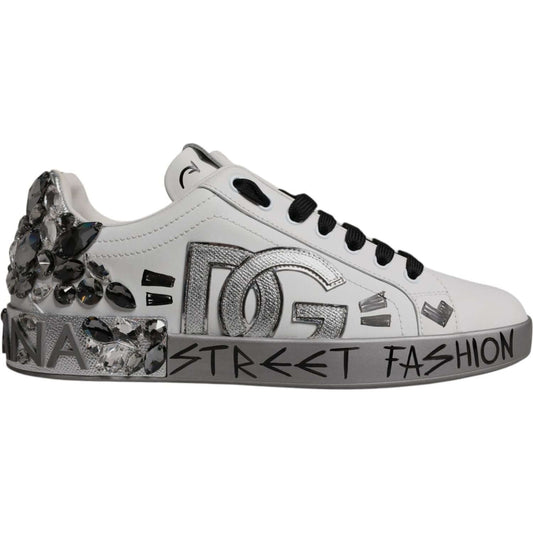 Dolce & Gabbana White Silver Crystal Logo Portofino Sneakers Shoes