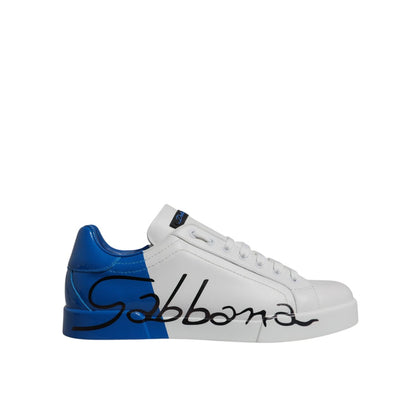 Dolce & Gabbana White Blue Leather Logo Low Top Sneakers Shoes