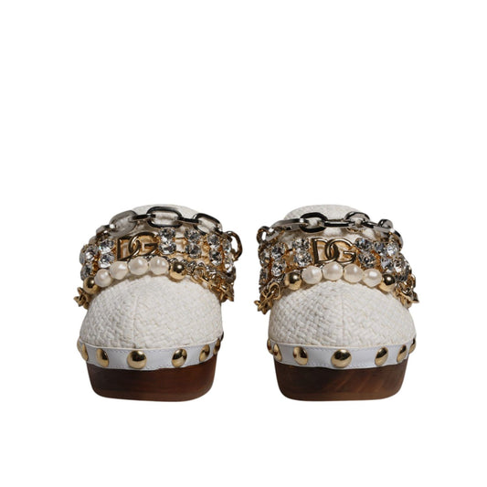 Dolce & Gabbana White Raffia Clogs Bejeweled Chain Sandals Shoes