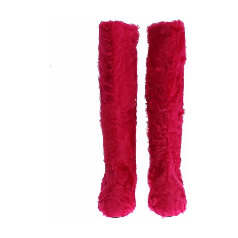 Dolce & Gabbana Pink Lamb Fur Leather Flat Boots Shoes