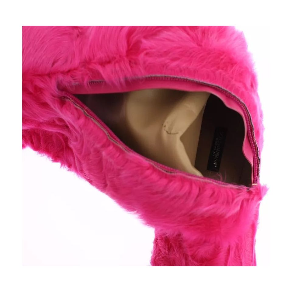 Dolce & Gabbana Pink Lamb Fur Leather Flat Boots Shoes