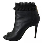 Mangano Black Leather Mesh Stiletto High Heels Peep Toe Boots Shoes