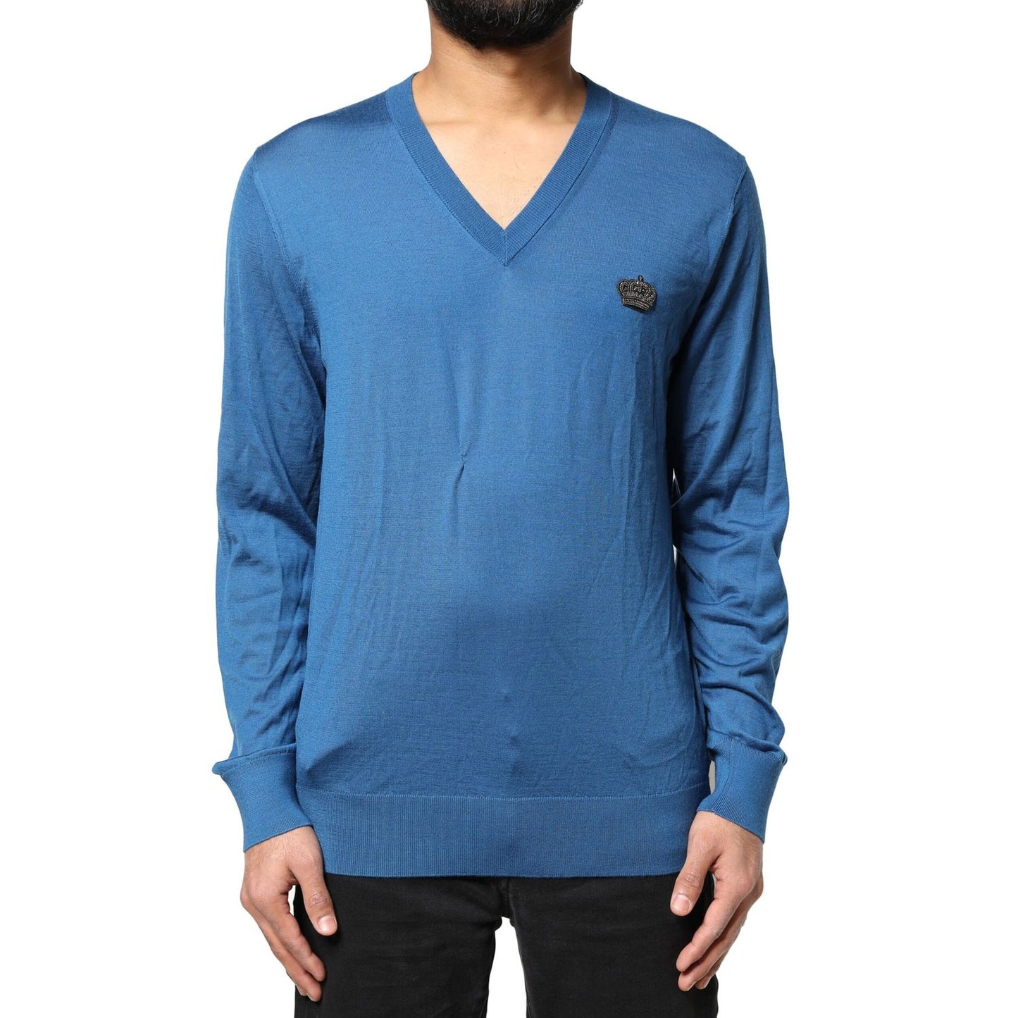 Dolce & Gabbana Blue Cashmere Crown V-neck Pullover Sweater