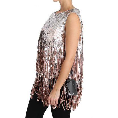 Dolce & Gabbana Golden Pink Sequined Fringe Tank Top