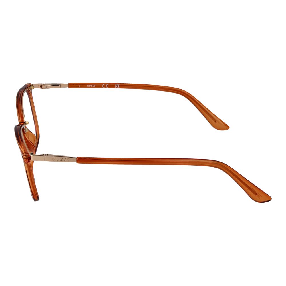 Side view of Guess Orange Women Glasses Frame showcasing full-rim orange plastic frame with spring hinge and branded temples.
