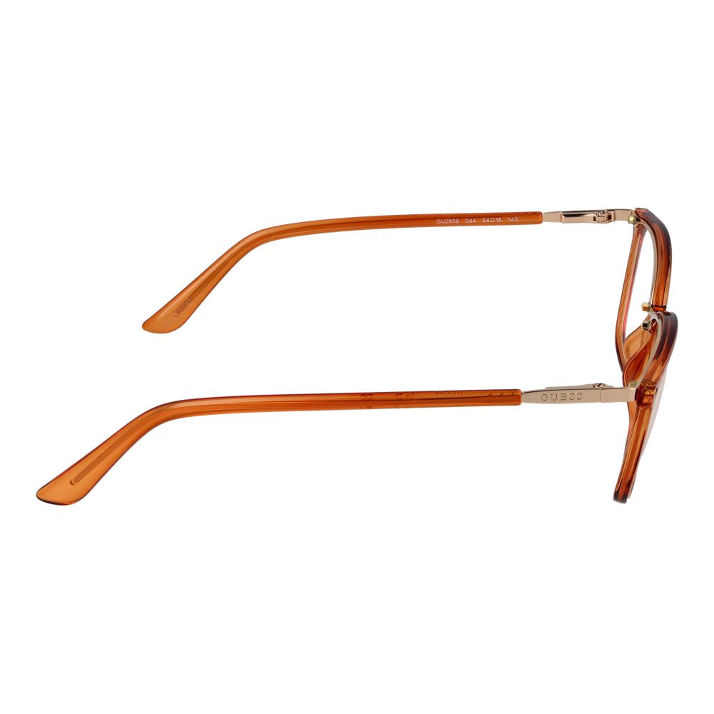 Guess Orange Women Glasses Frame in side view, plastic full-rim with rectangle style, featuring orange frame and temple, for women.