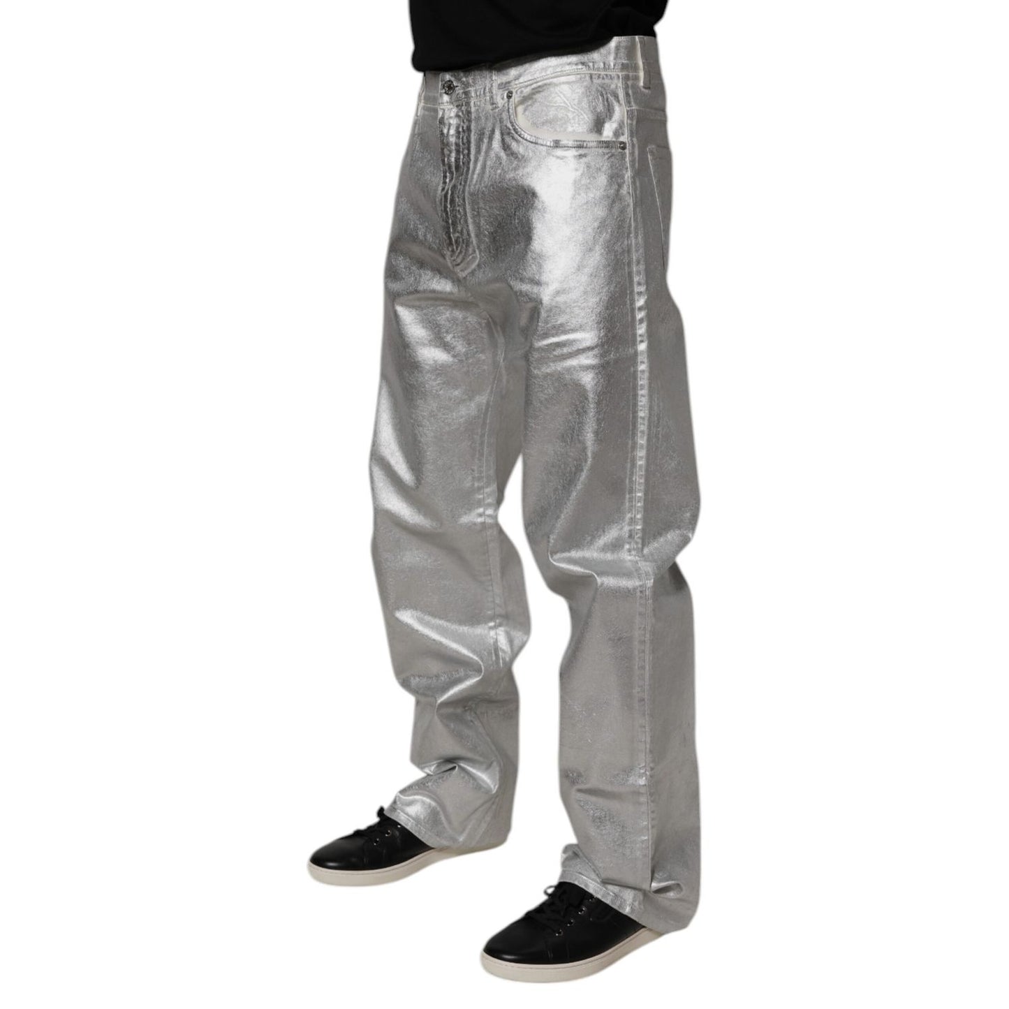 Dolce & Gabbana Metallic Silver Cotton Straight Denim Jeans