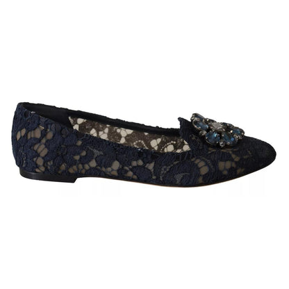Dolce & Gabbana Blue Crystal Loafer Lace Ballet Flats Shoes
