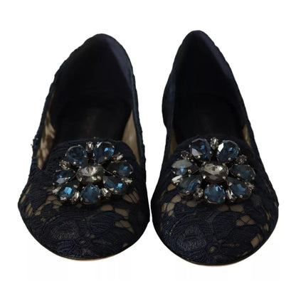 Dolce & Gabbana Blue Crystal Loafer Lace Ballet Flats Shoes