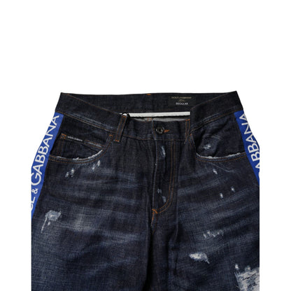 Dolce & Gabbana Dark Blue Cotton Tattered Skinny Denim Jeans