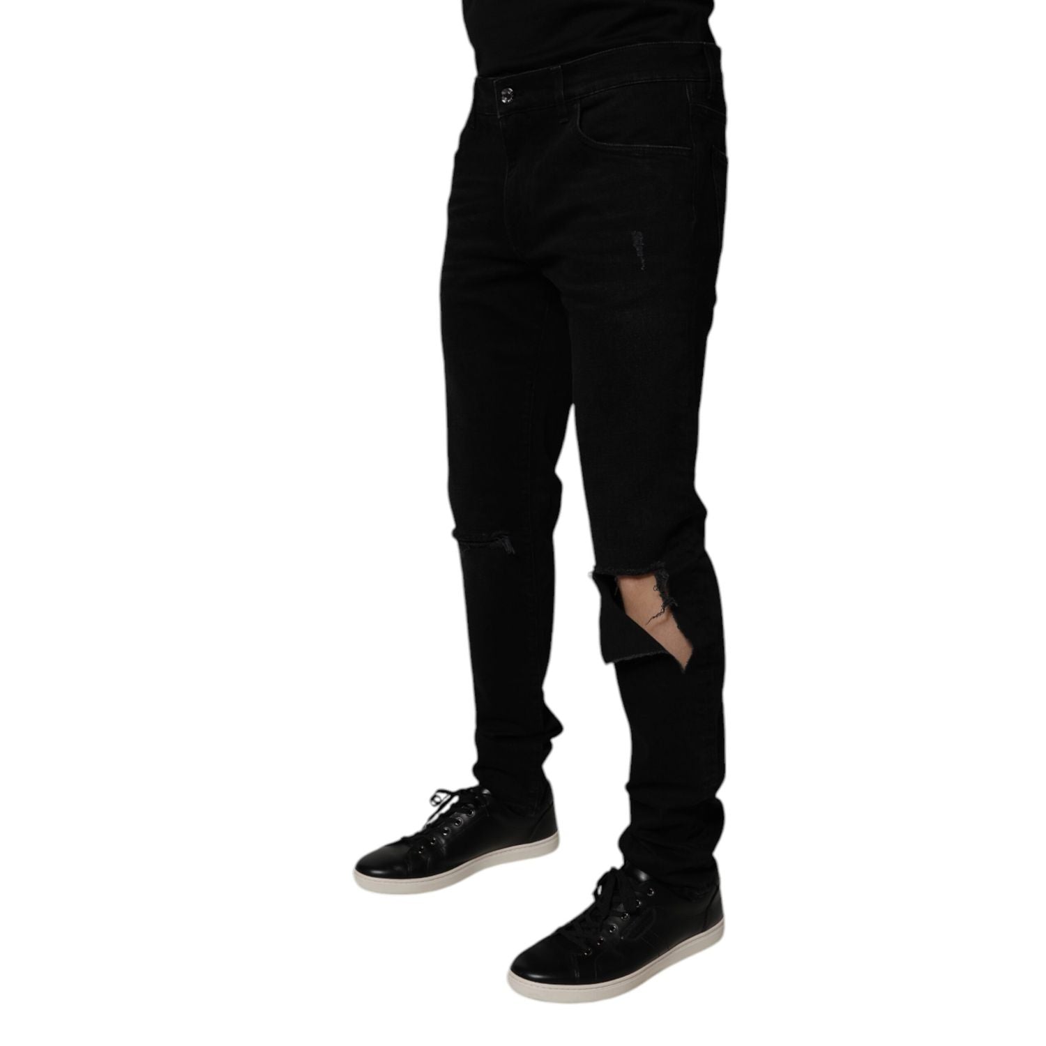 Dolce & Gabbana Black Cotton Tattered Skinny Men Denim Jeans