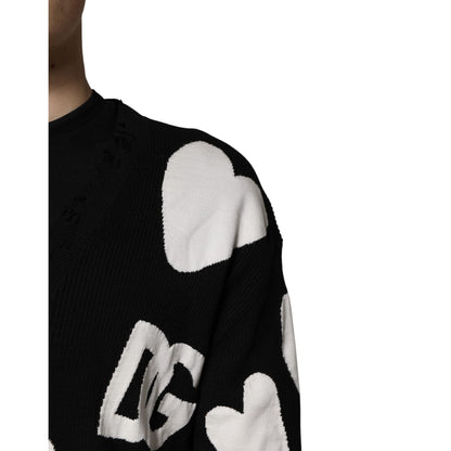 Dolce & Gabbana Black Hearts Silk Crew Neck Pullover Sweater
