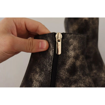 MY TWIN Black Leather Block Heels Ankle Boots Zipper Shoes