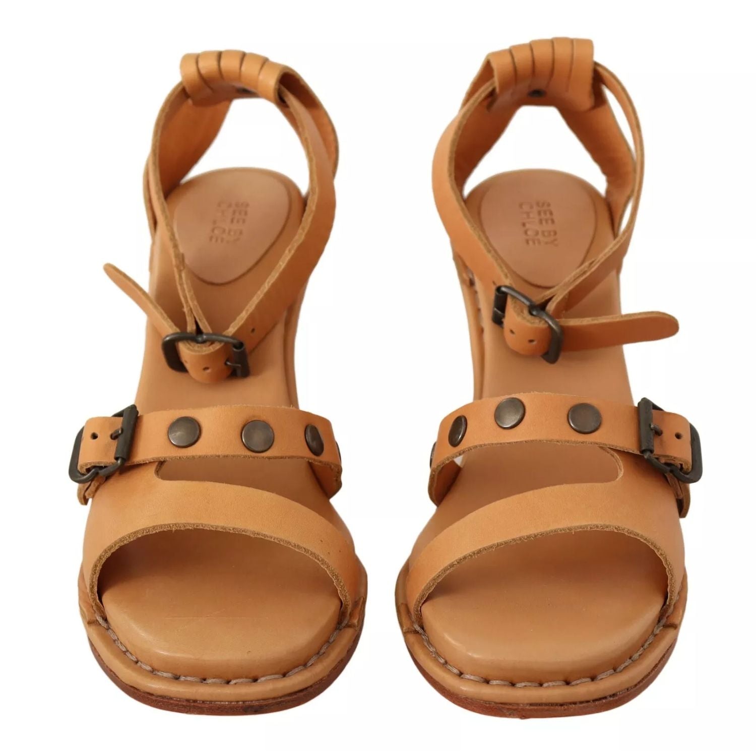 See By Chloé Brown Leather Studded Ankle Strap Sandals Shoes