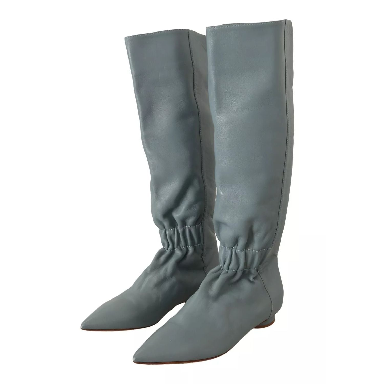 Valentino Blue Leather Elastic Flats Pull On Knee High Boots Shoes