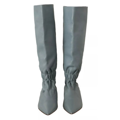 Valentino Blue Leather Elastic Flats Pull On Knee High Boots Shoes