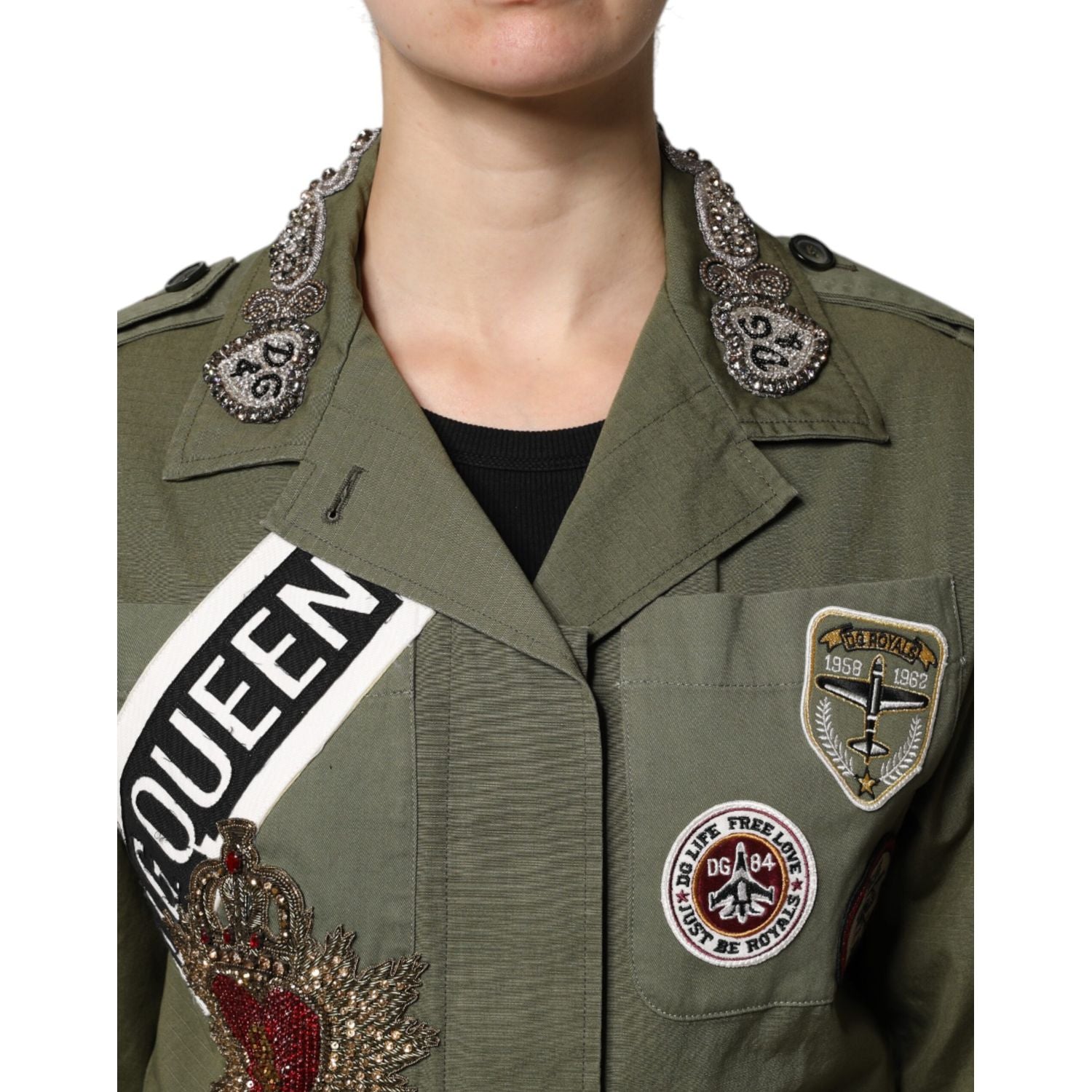 Dolce & Gabbana Military Green Queen Embellished Coat Jacket