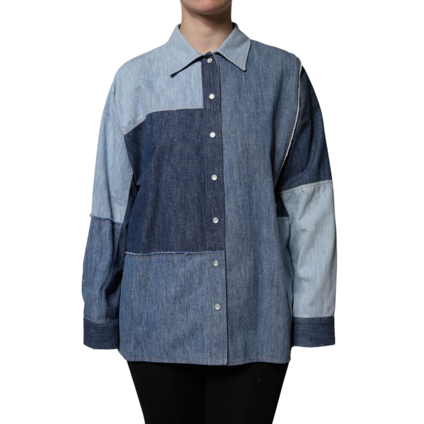 Dolce & Gabbana Blue Cotton Button Up Collared Long Sleeve Top