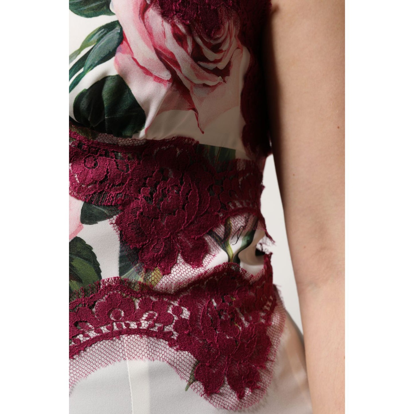 Dolce & Gabbana White Rose Print Satin Lace Tank Top Lingerie