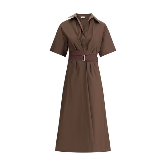 Brunello Cucinelli Brown Cotton Casual Dress with short sleeves and wide skirt