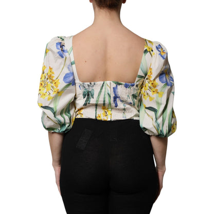 Dolce & Gabbana White Floral Puff Sleeves Crop Blouse Top