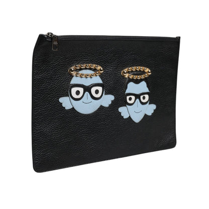 Dolce & Gabbana Black Leather #DGFAMILY Embellished Men Zip Pouch Bag