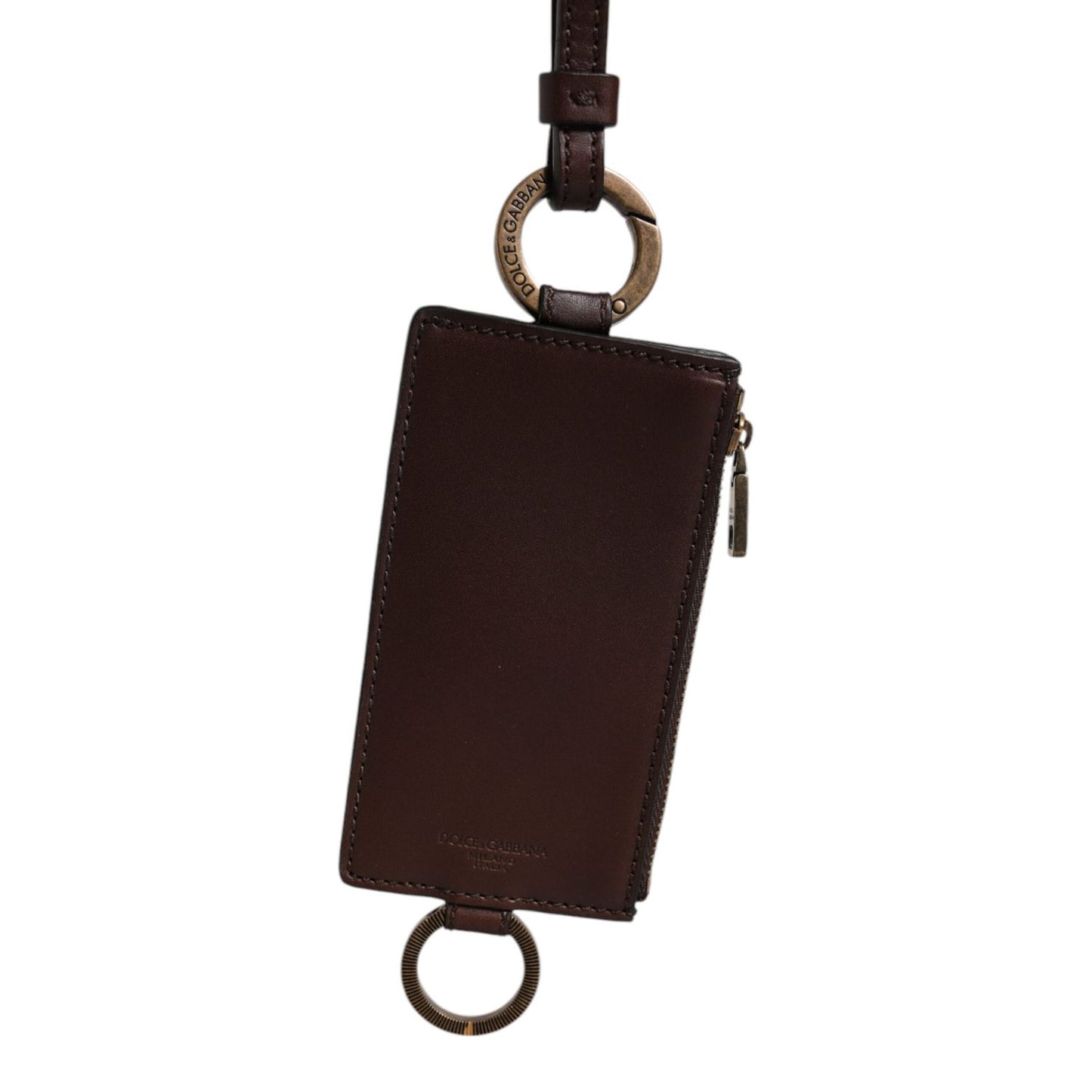 Dolce & Gabbana Brown Calf Leather Lanyard Logo Card Holder Wallet