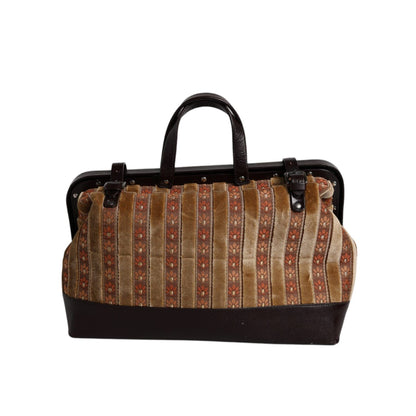 Dolce & Gabbana Beige Maroon Velvet Leather Jacquard Travel Handbag Bag