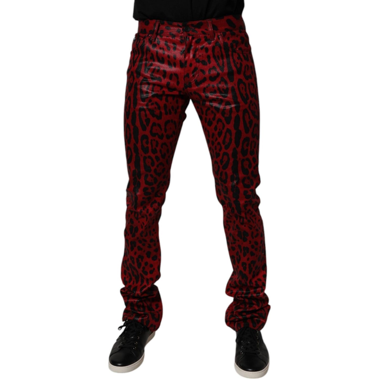 Dolce & Gabbana Red Leopard Cotton Slim Fit Denim Jeans