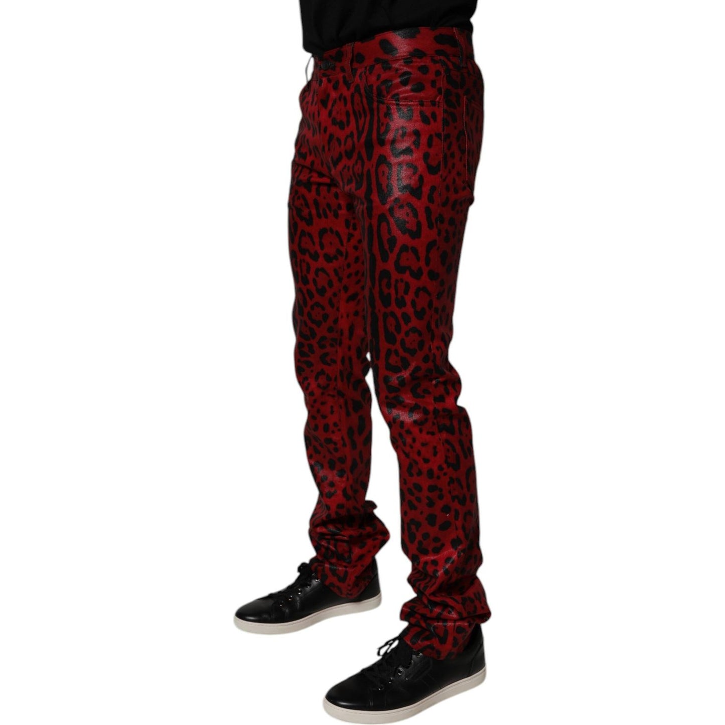 Dolce & Gabbana Red Leopard Cotton Slim Fit Denim Jeans