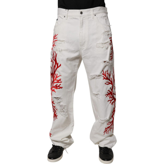 Dolce & Gabbana White Corals Tattered Straight Denim Jeans
