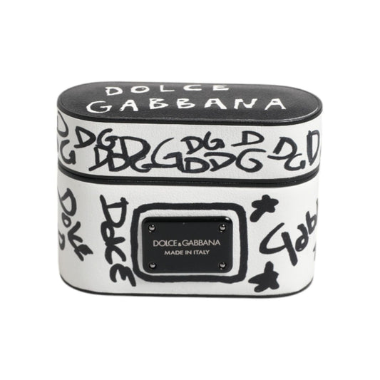 Dolce & Gabbana Black White Leather Scribble Embossed Logo Airpods Case SMY10655