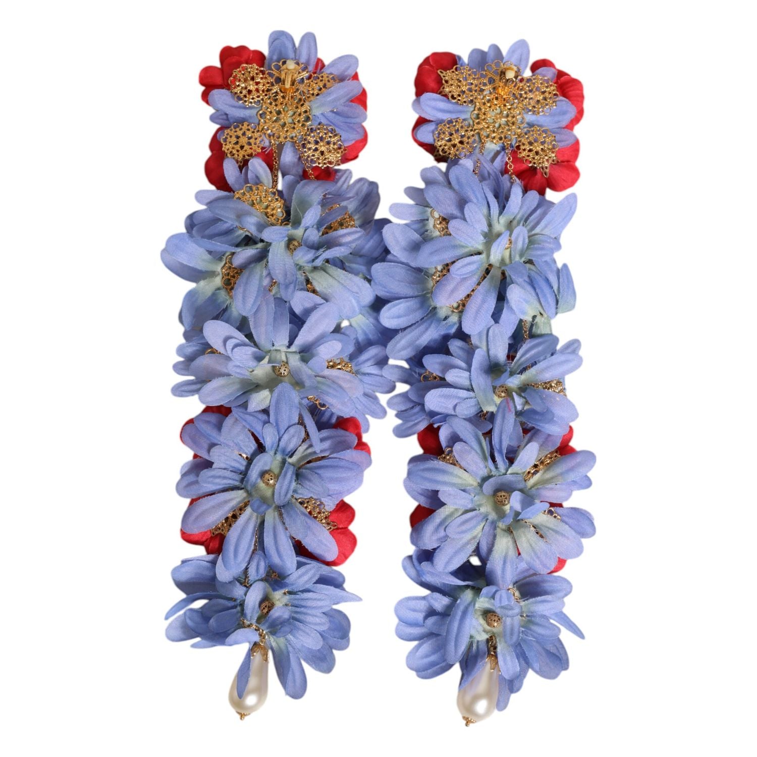 Dolce & Gabbana Gold Tone Brass Floral Crystal Clip On Dangling Earrings