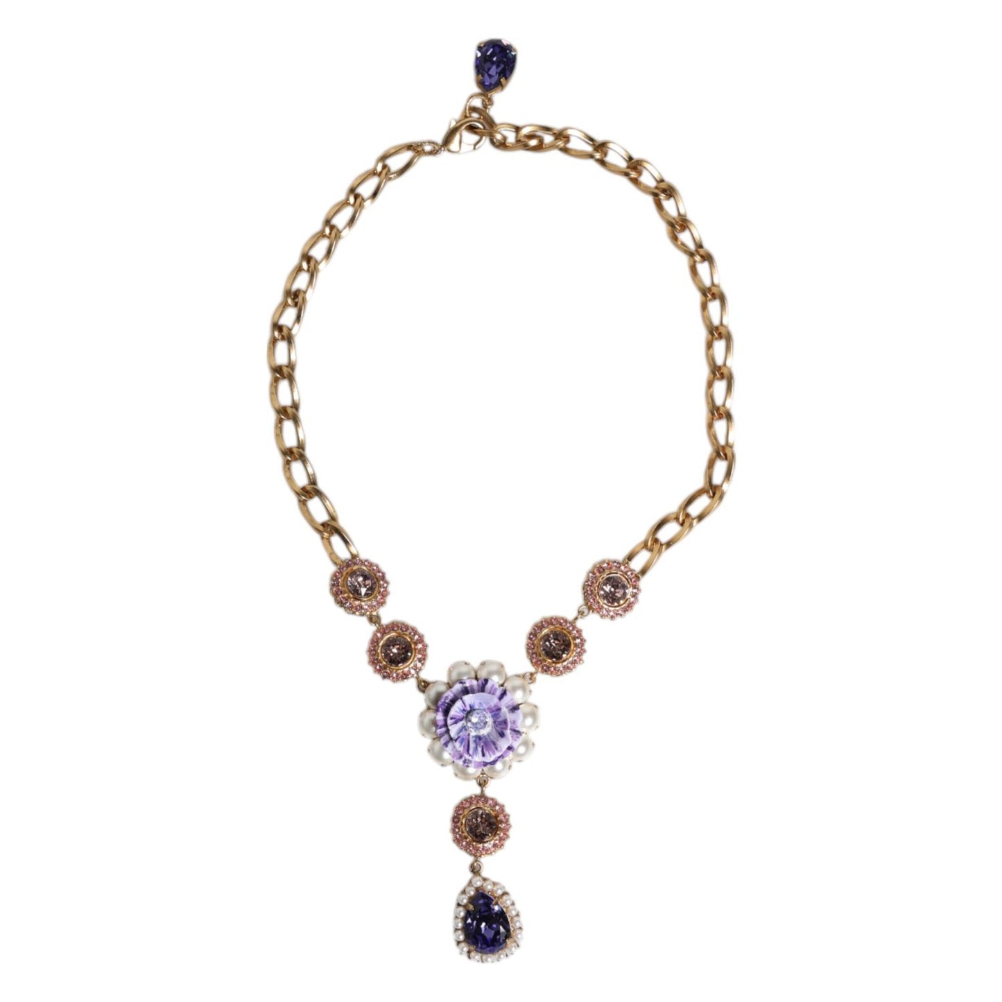 Dolce & Gabbana Gold Brass Floral Crystals Pearl Embellished Necklace