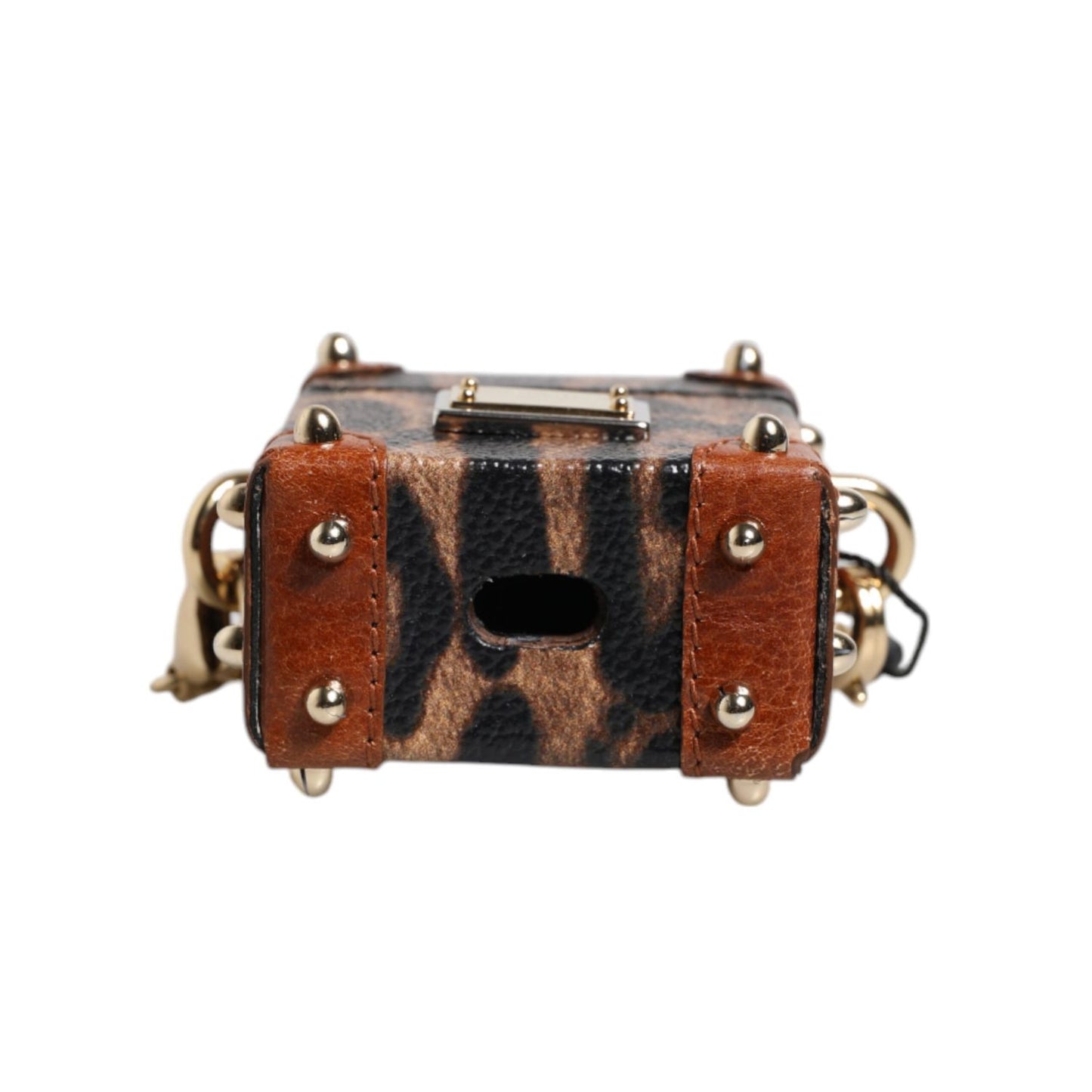 Dolce & Gabbana Brown Leopard Metal Logo Plaque Gold Chain Airpods Case