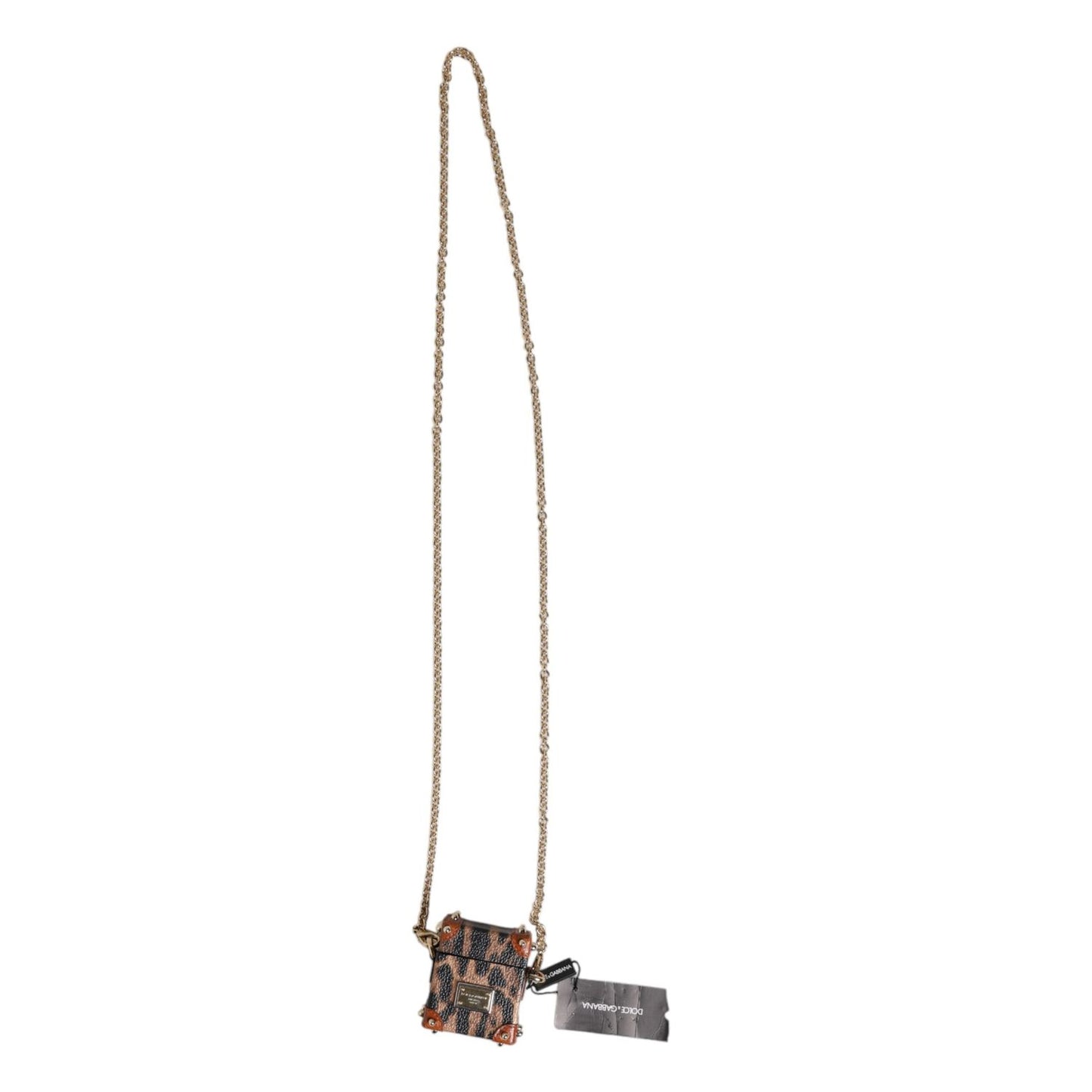 Dolce & Gabbana Brown Leopard Metal Logo Plaque Gold Chain Airpods Case