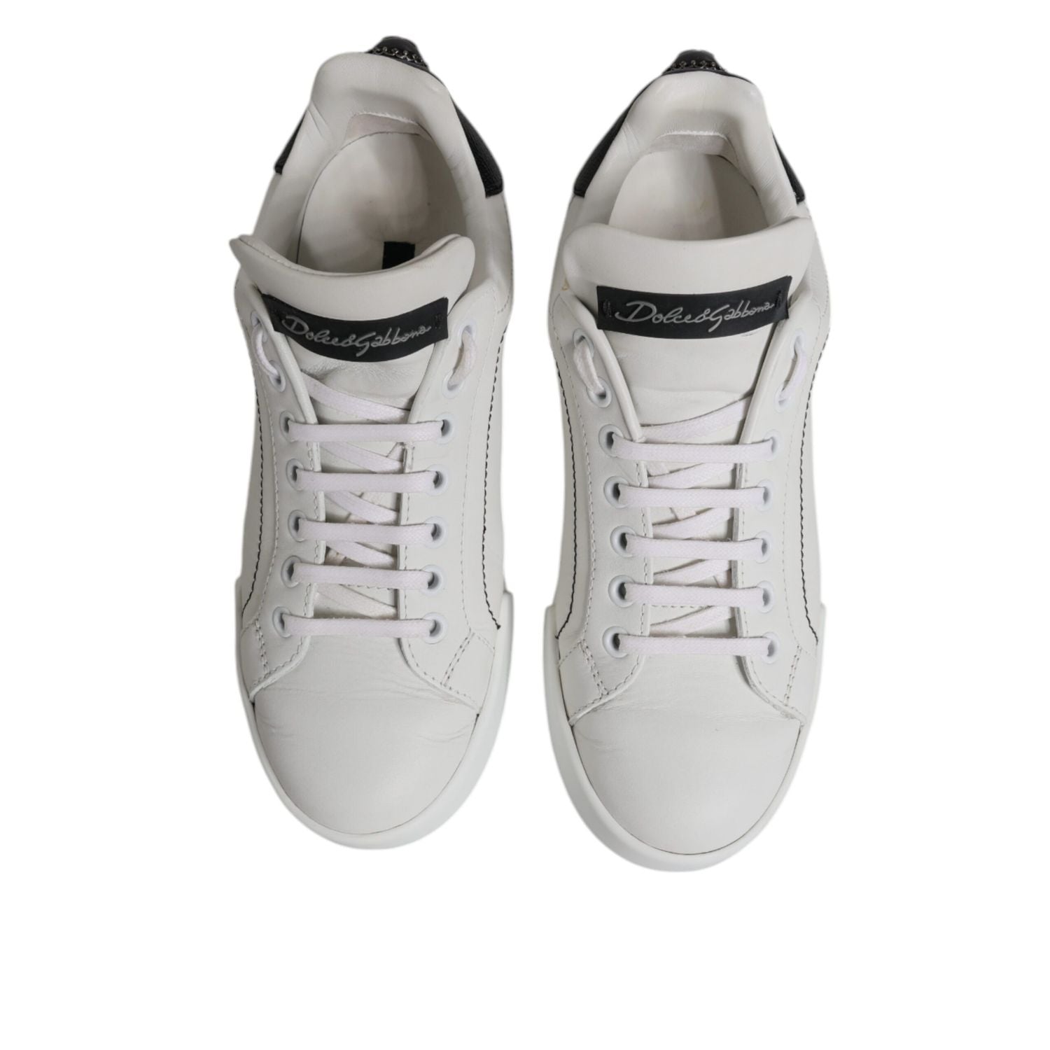 Dolce & Gabbana White Black Leather Low Top Sneakers Shoes