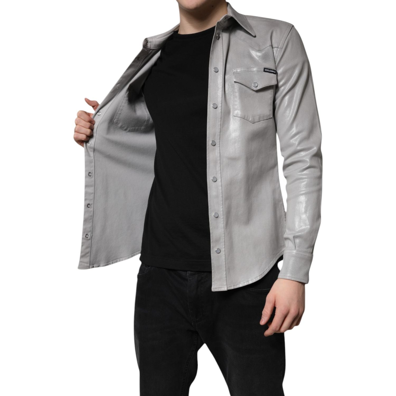 Dolce & Gabbana Metallic Gray Cotton Button Down Shirt