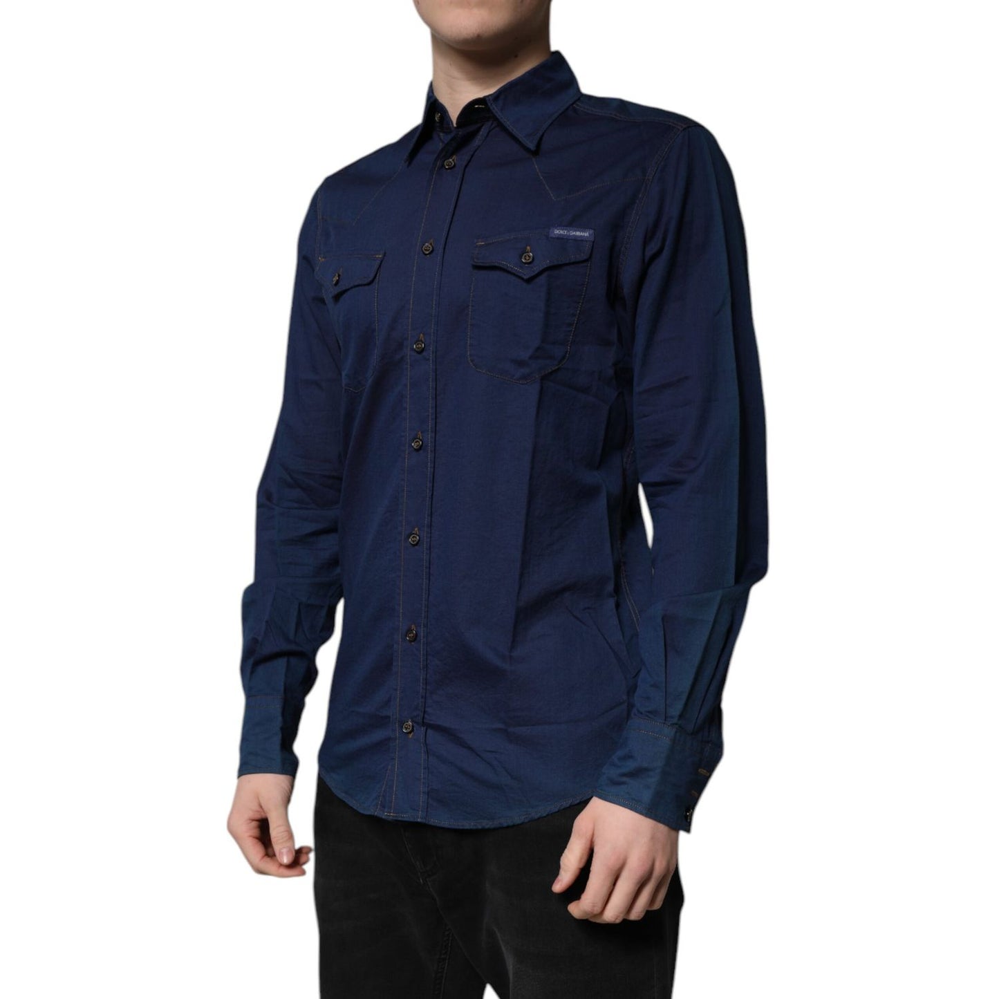 Dolce & Gabbana Dark Blue Cotton GOLD Dress Formal Shirt