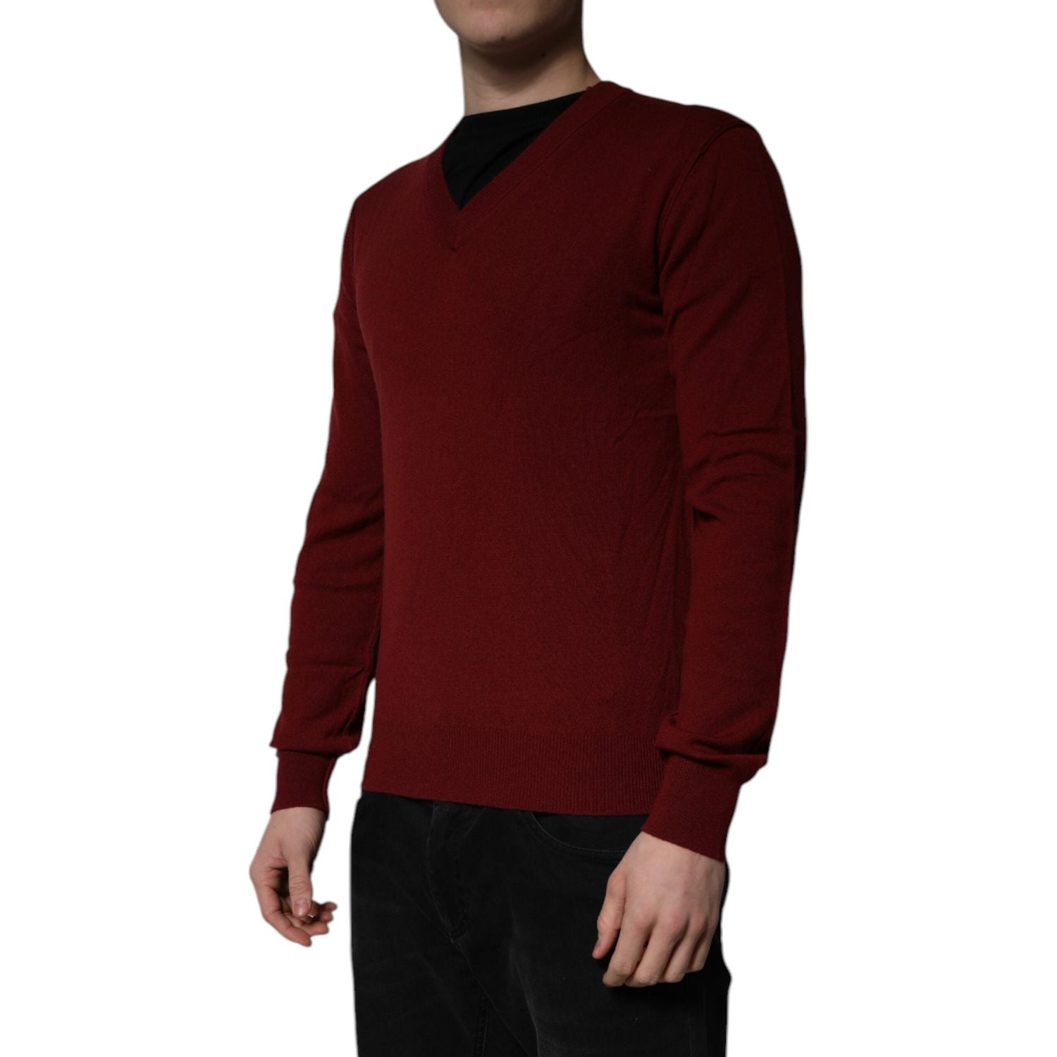 Dolce & Gabbana Maroon Cashmere V-neck Men Pullover Sweater