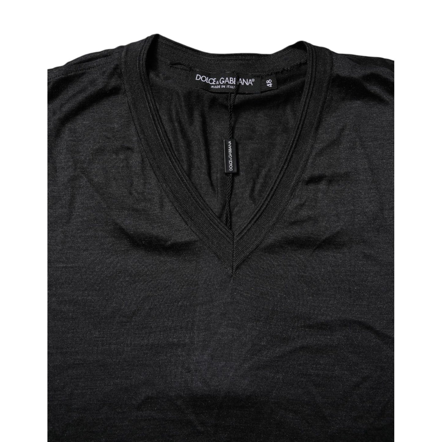 Dolce & Gabbana Dark Gray Silk V-neck Short Sleeves T-shirt