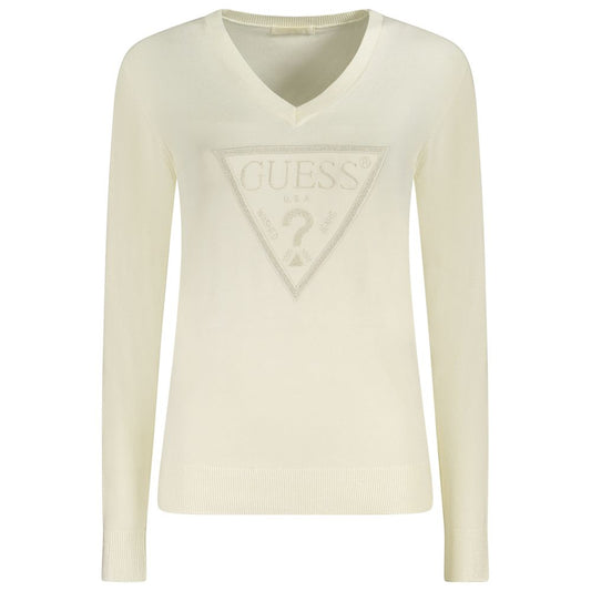 Guess Jeans White Viscose Sweater with V-neck, long sleeves, logo, and contrasting details.