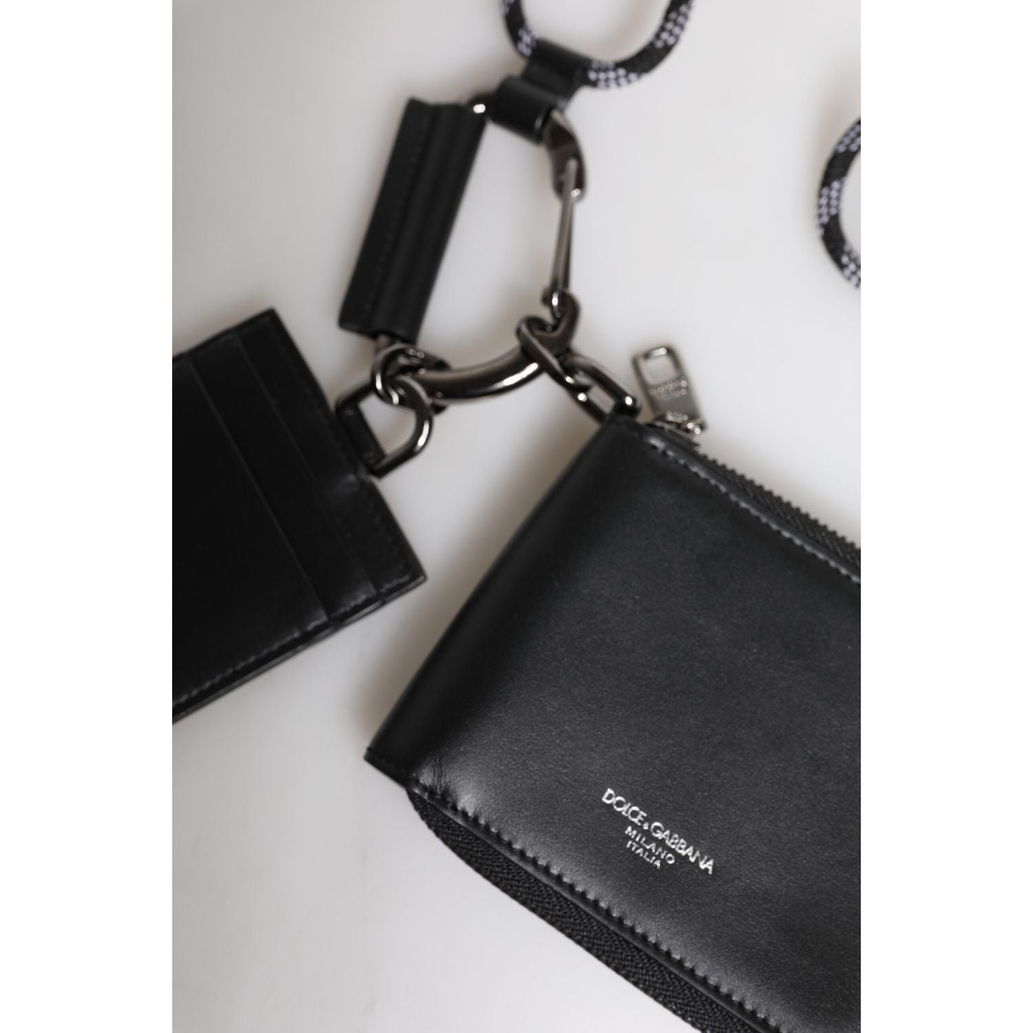 Dolce & Gabbana Black Leather Lanyard Zip Around Card Holder Wallet
