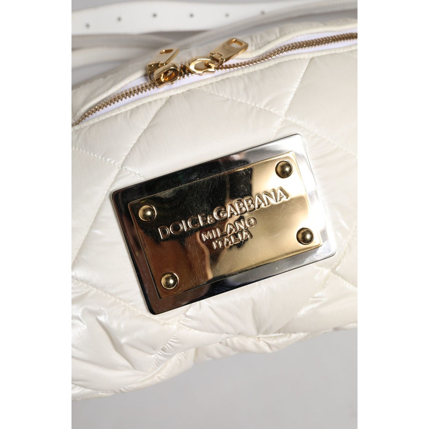 Dolce & Gabbana White Quilted Logo Plaque Belt Waist Fanny Pack Bag