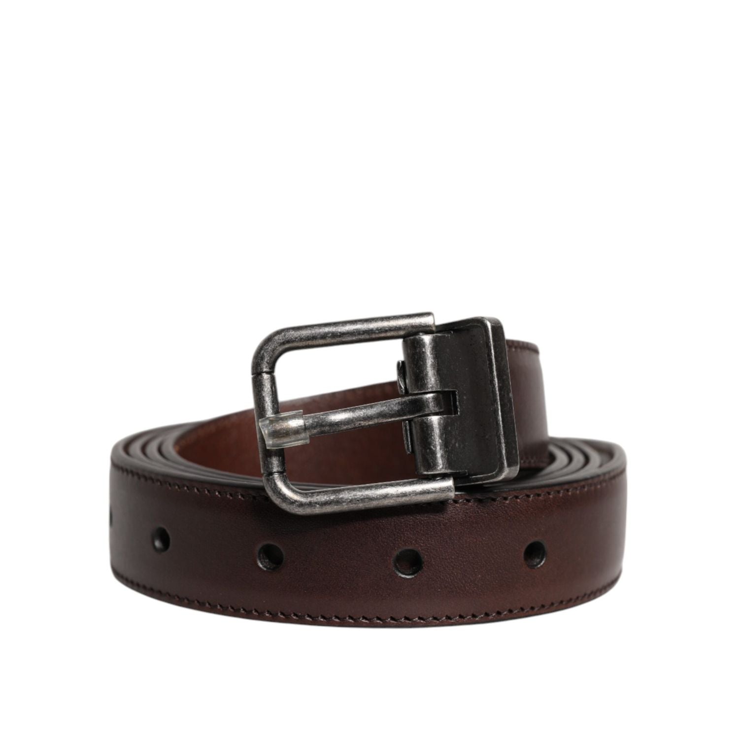 Dolce & Gabbana Brown Leather Silver Metal Buckle Belt