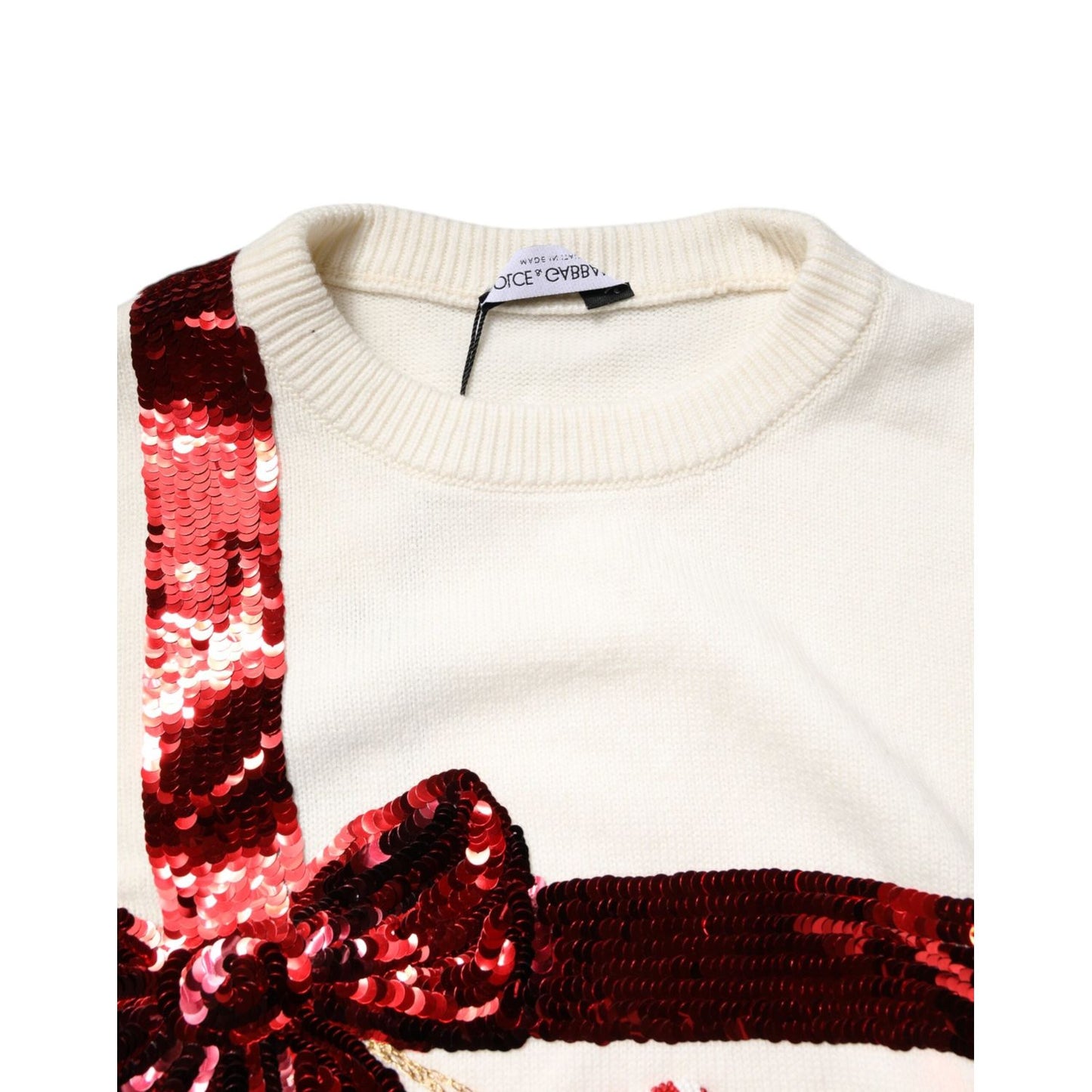 Dolce & Gabbana White Sequined Crew Neck Pullover Sweater