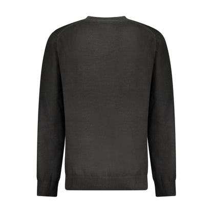 Back view of Calvin Klein Black Cotton Men Sweater with crew neck, showcasing sleek design and luxury embroidery for modern style.