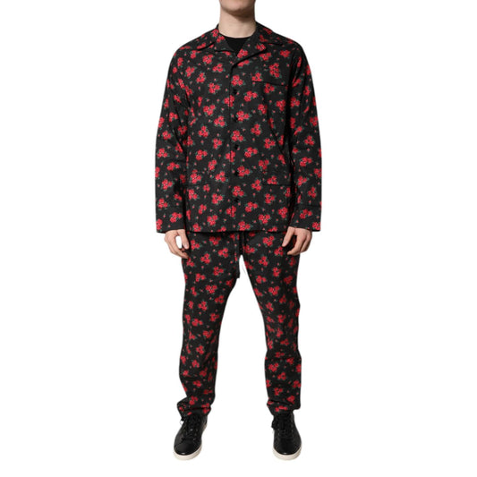 Dolce & Gabbana Black Floral Print Cotton Men Pajama Set Sleepwear KOS2287-38