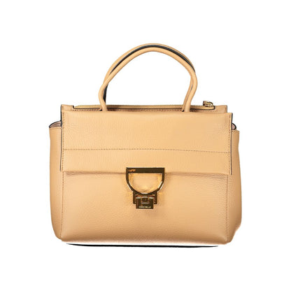 Coccinelle Brown Leather Women Handbag with dual handles, detachable shoulder strap, and gold hardware.