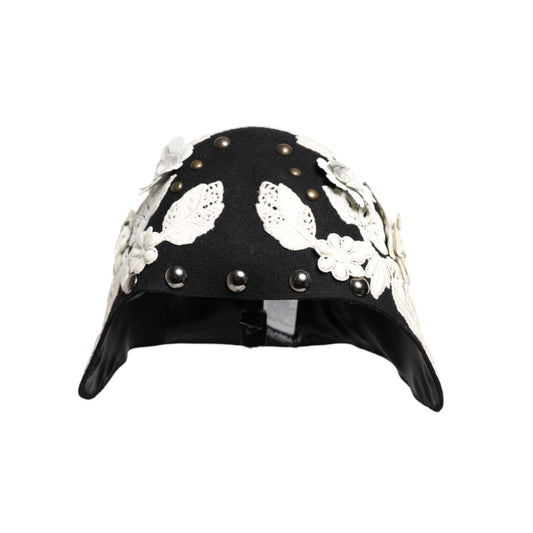 Dolce & Gabbana Black Wool White Floral Gold Leaf Cloche Hat HAT9649